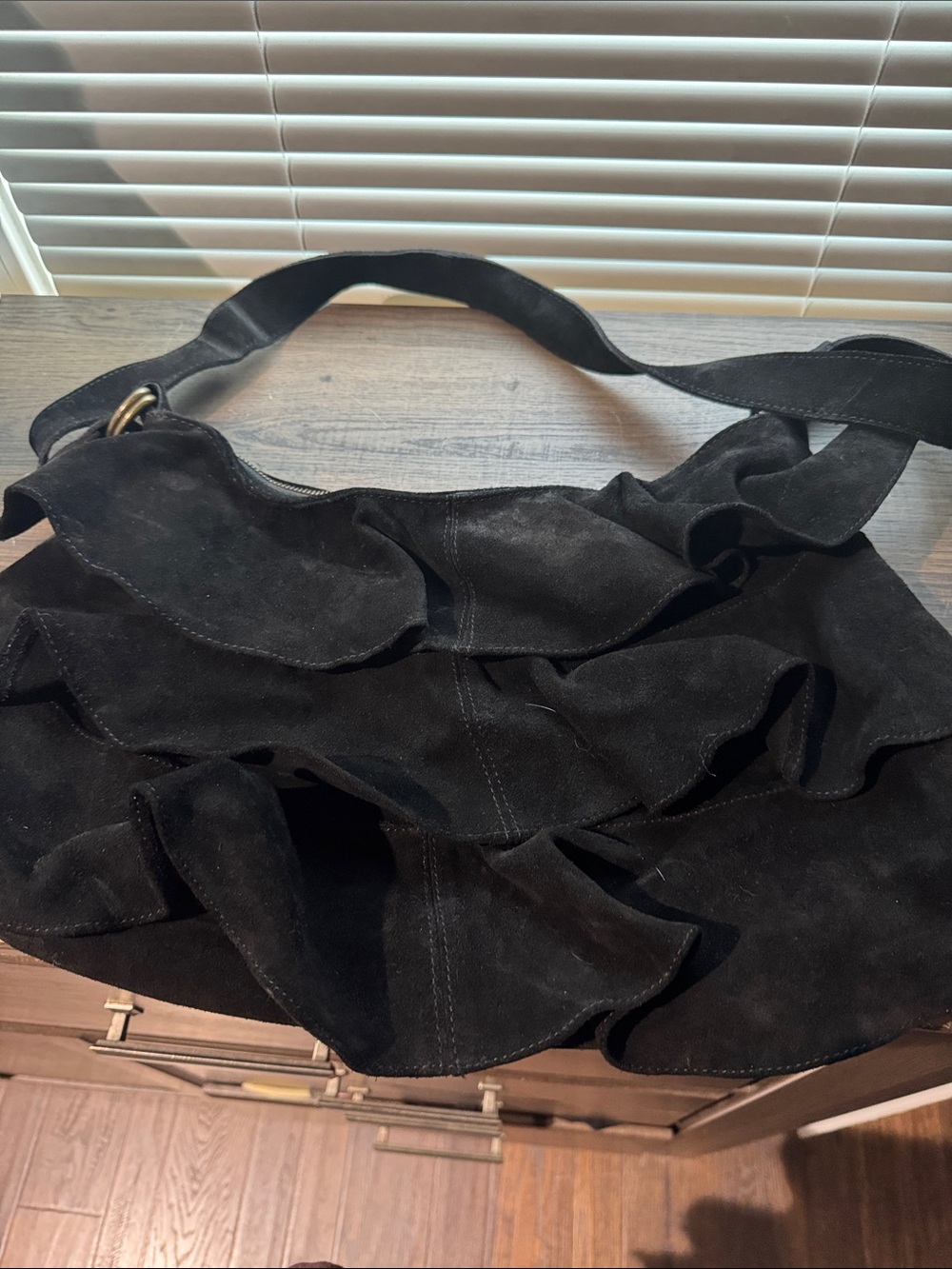 Free People Rae Ruffle Black Suede Shoulder Bag - Women